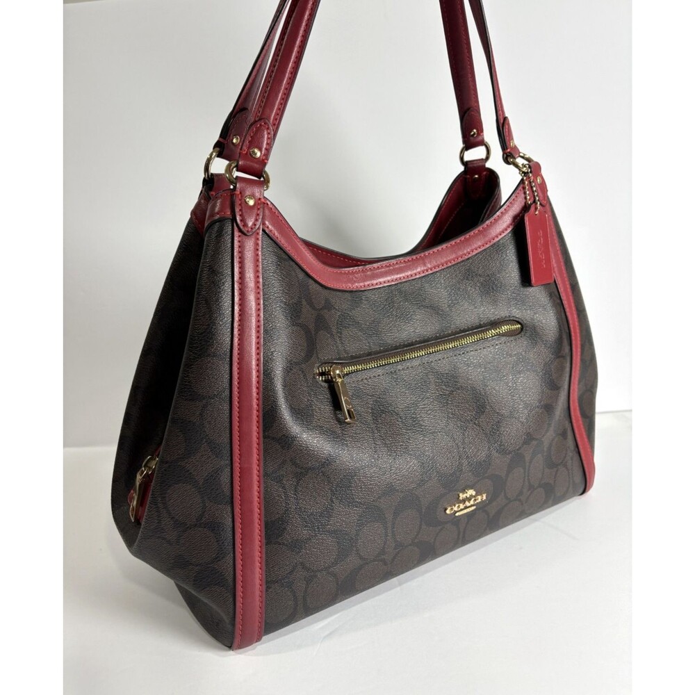 COACH Kristy Women's Purse Shoulder Bag Signature Coated Canvas Brown / Red